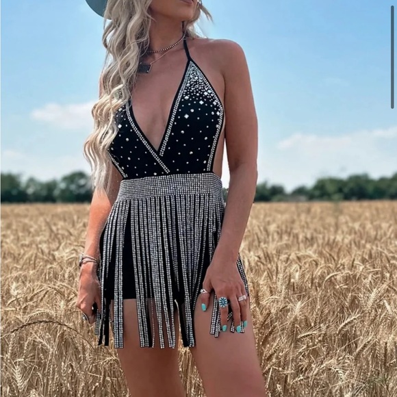 punchy blonde Dresses & Skirts - Sexy Black Rhinestone Fringe Halter Dress